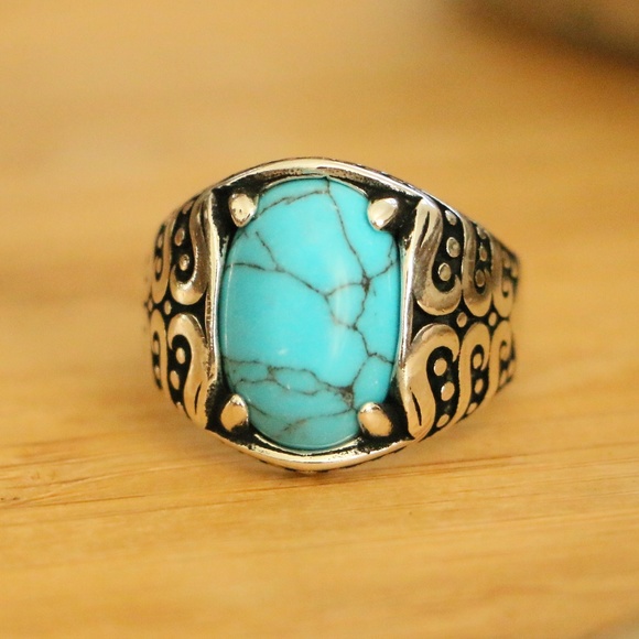925 Sterling Silver Men's Rings Turquoise Stone - Picture 2 of 9